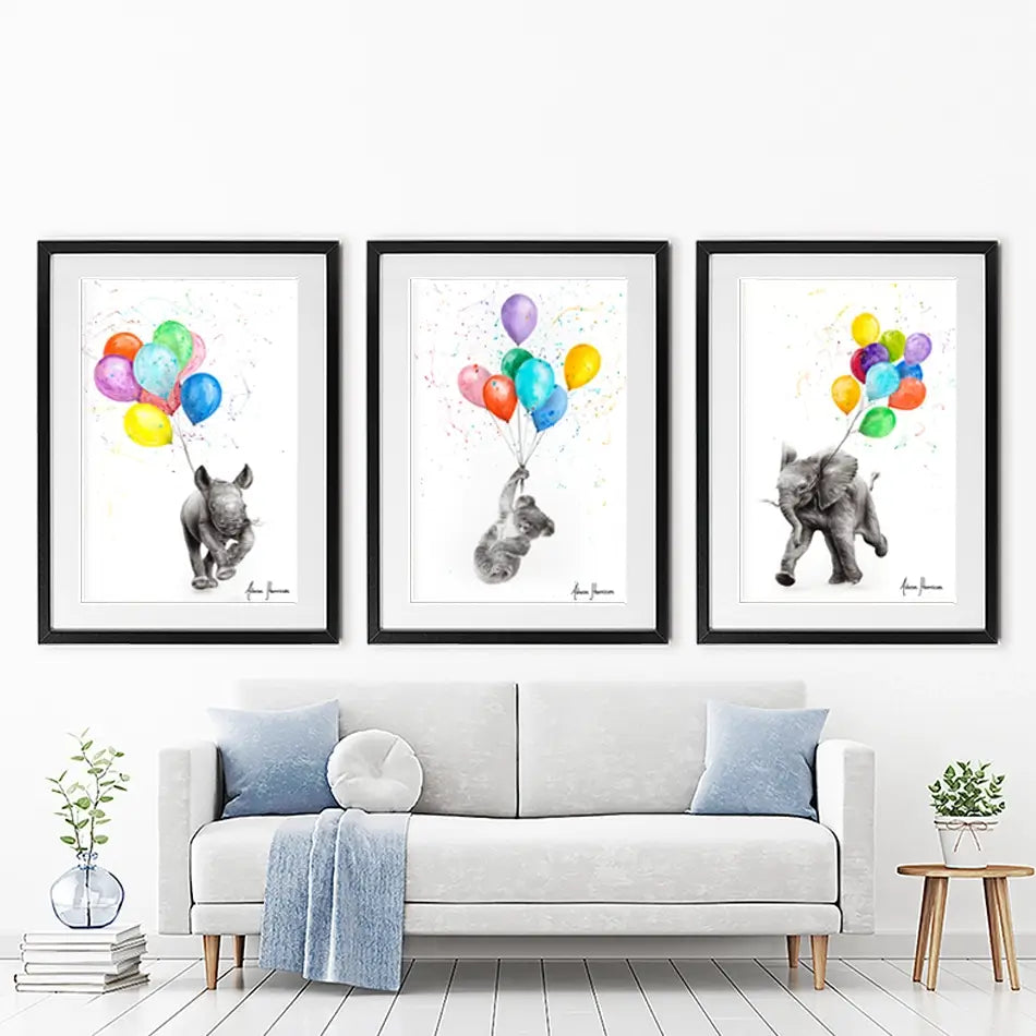 Animals With Balloons Framed Art Print Trio