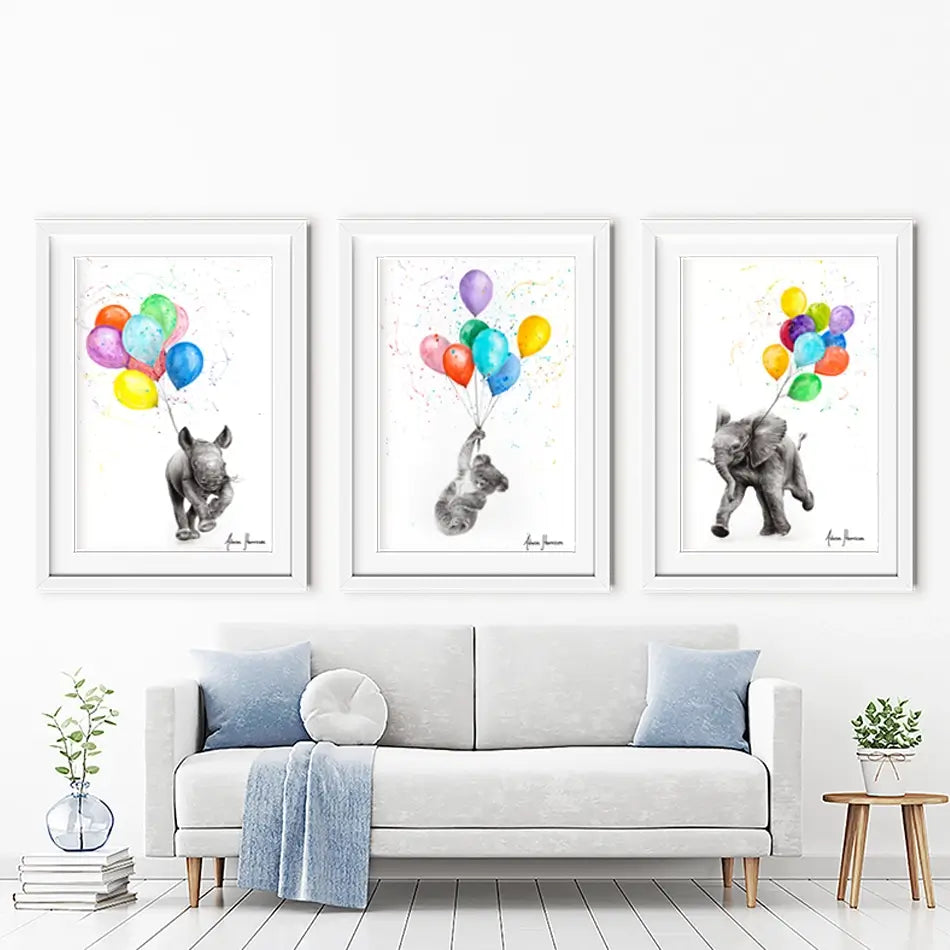 Animals With Balloons Framed Art Print Trio