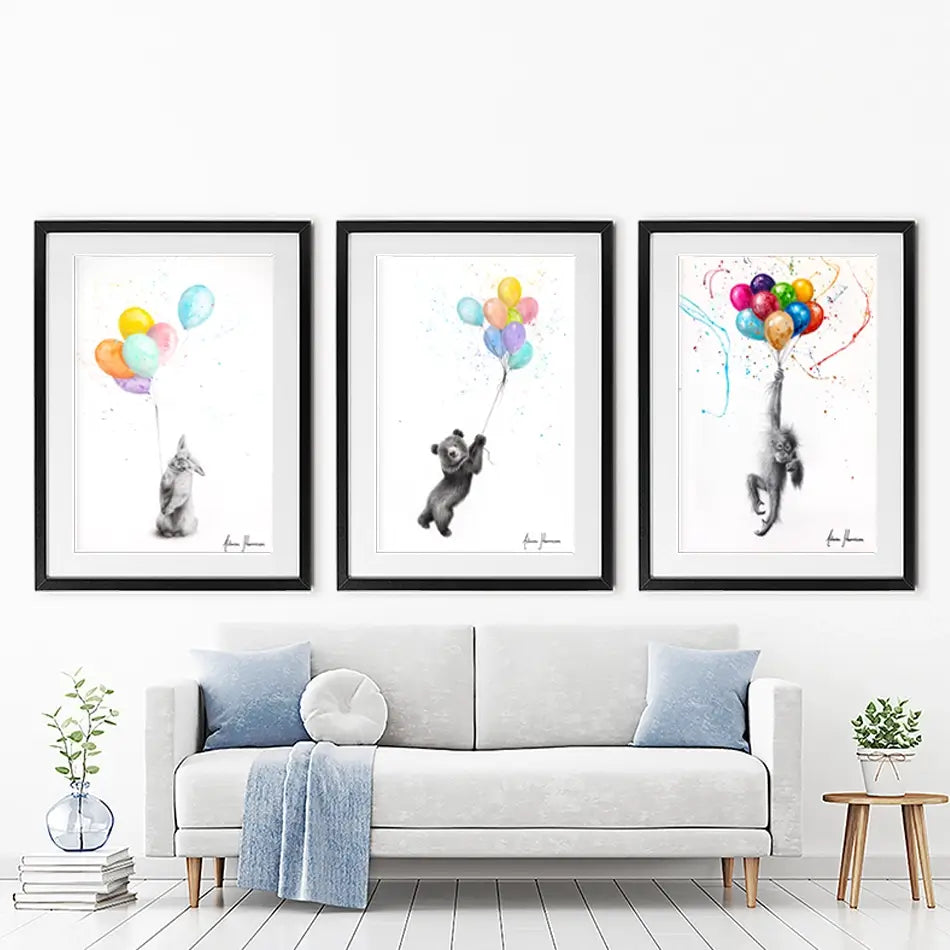 Animals With Balloons 2 Framed Art Print Trio