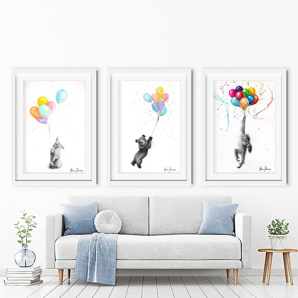 Animals With Balloons 2 Framed Art Print Trio