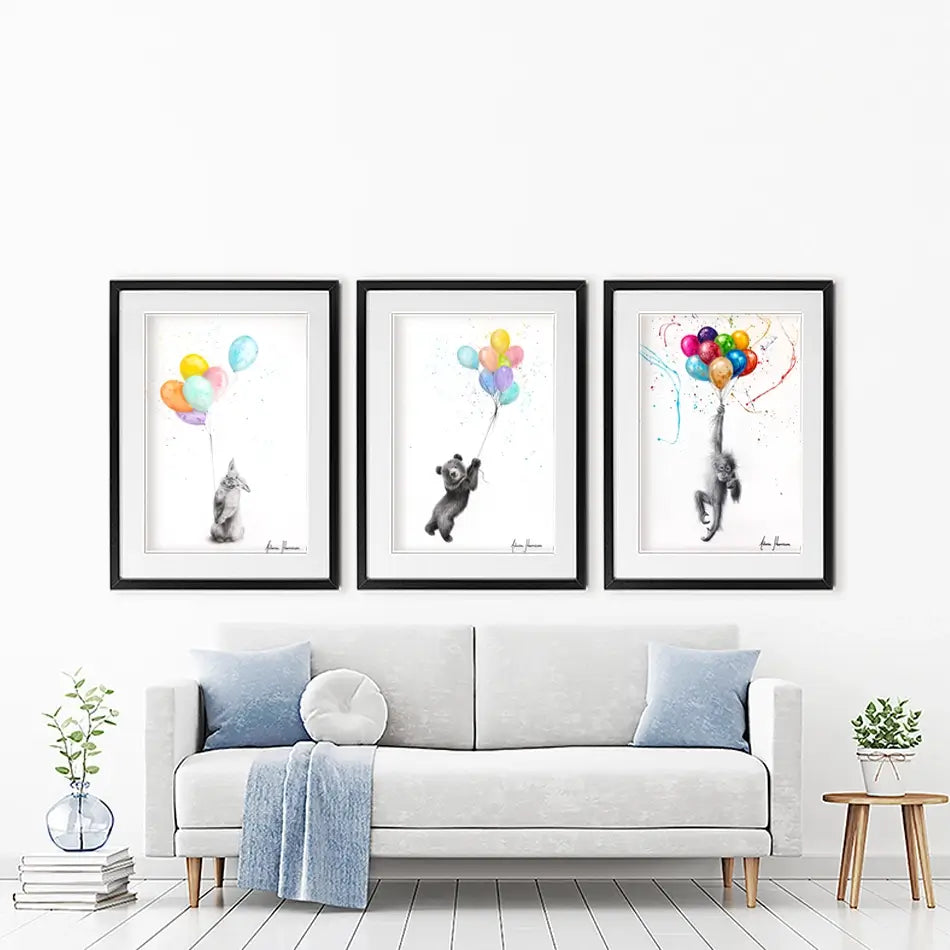 Animals With Balloons 2 Framed Art Print Trio