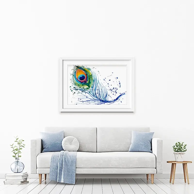 Watercolour Peacock Feather Framed Art Print