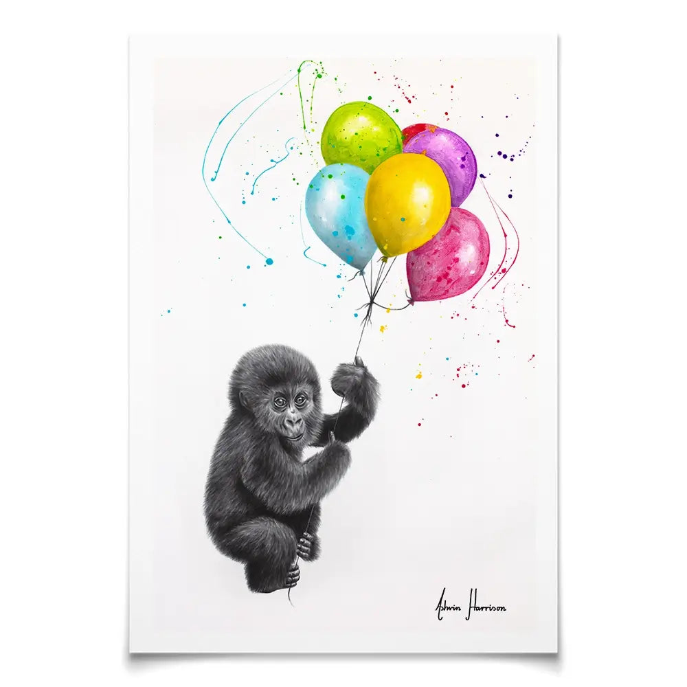 Baby Gorilla And The Balloons Art Print