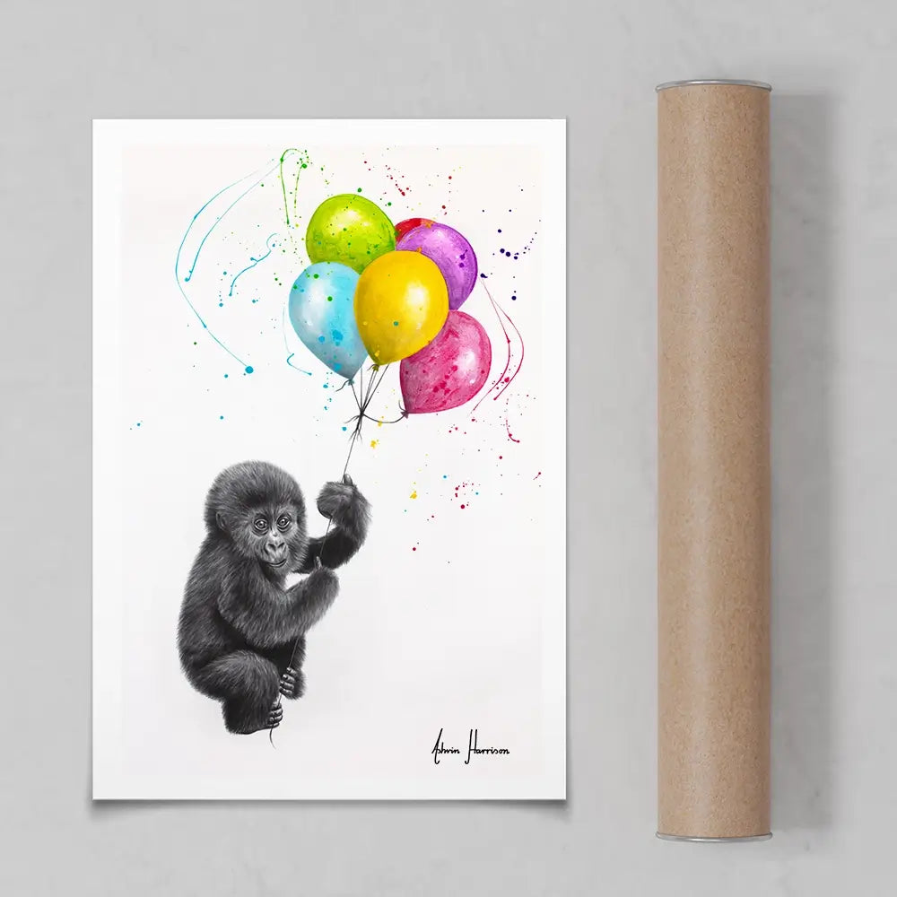 Baby Gorilla And The Balloons Art Print