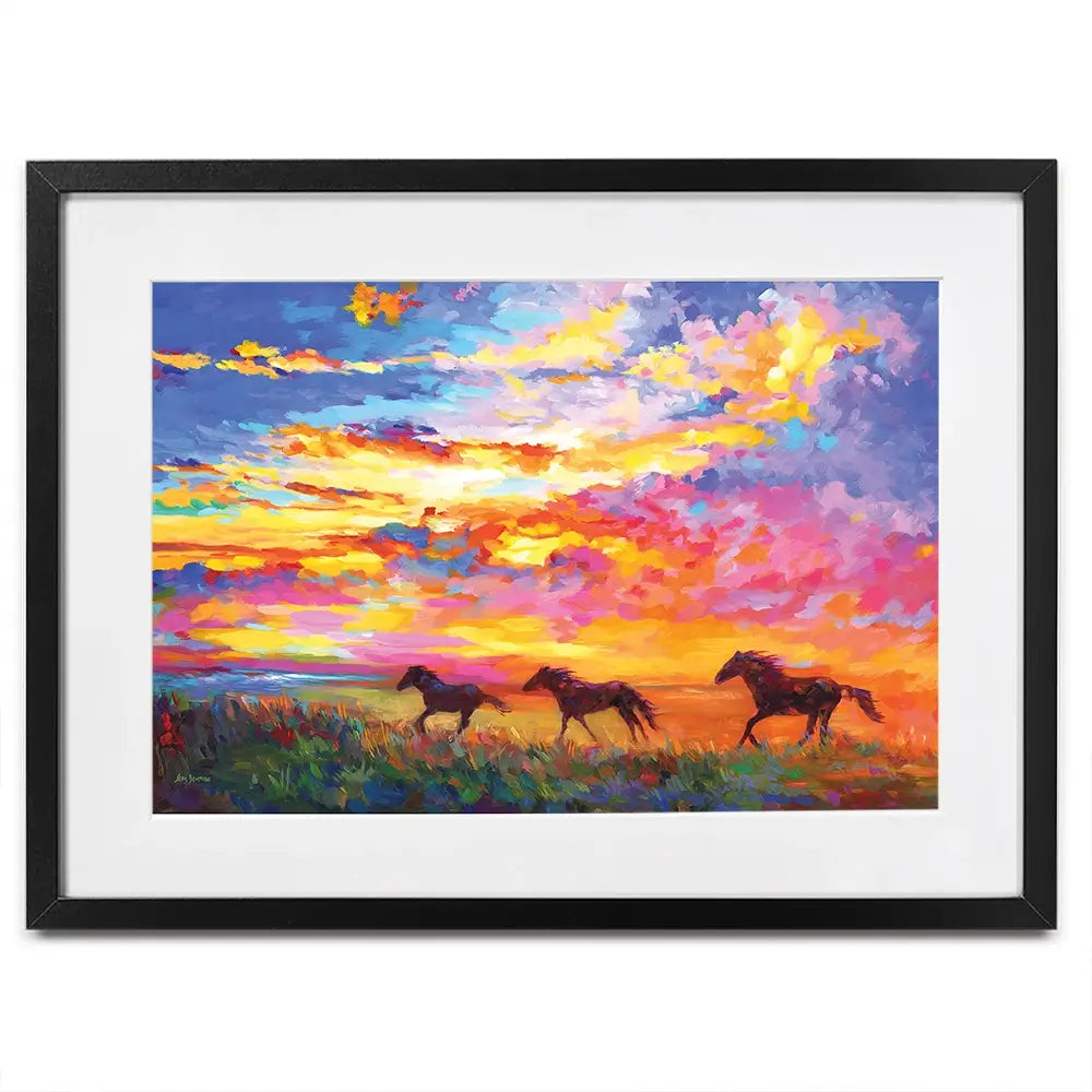 Wild Horses Running At Sunset Framed Art Print