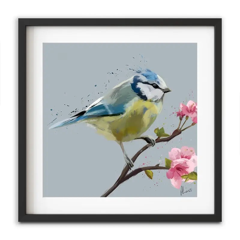 Bluetit And Flowers Framed Art Print