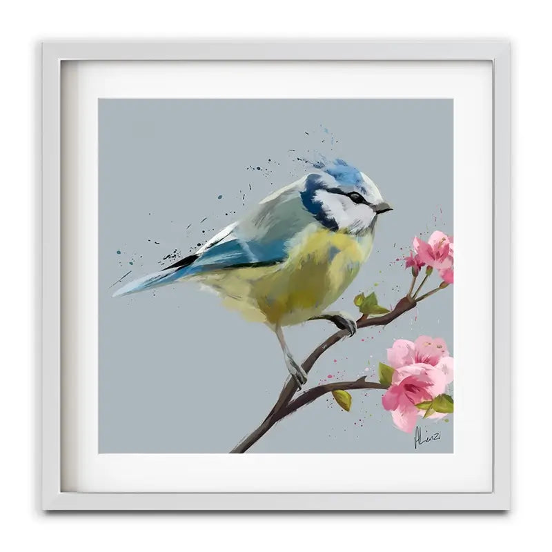 Bluetit And Flowers Framed Art Print