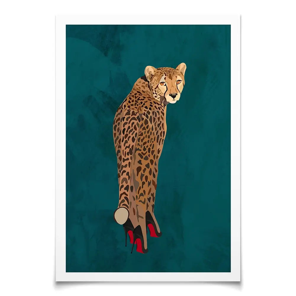 Turquoise Cheetah Wearing Heels Art Print