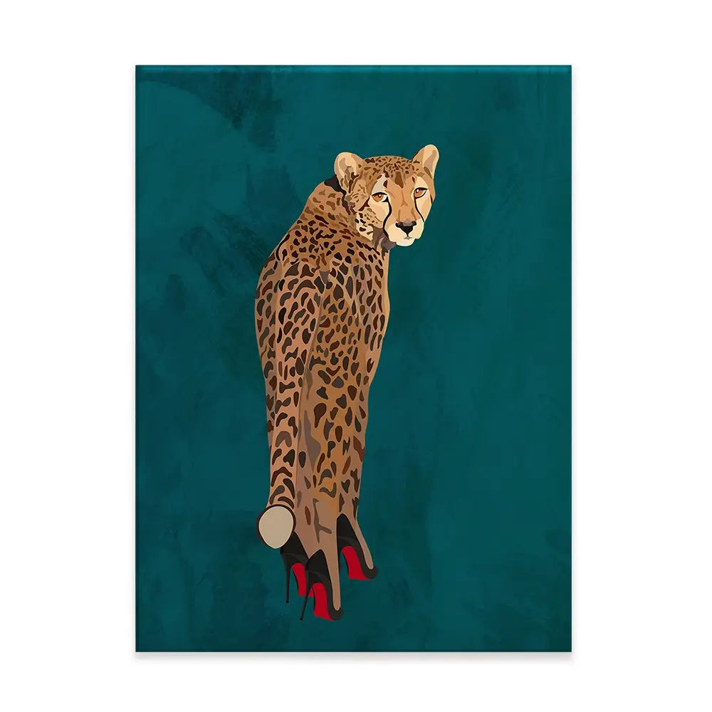 Turquoise Cheetah Wearing Heels Canvas Print