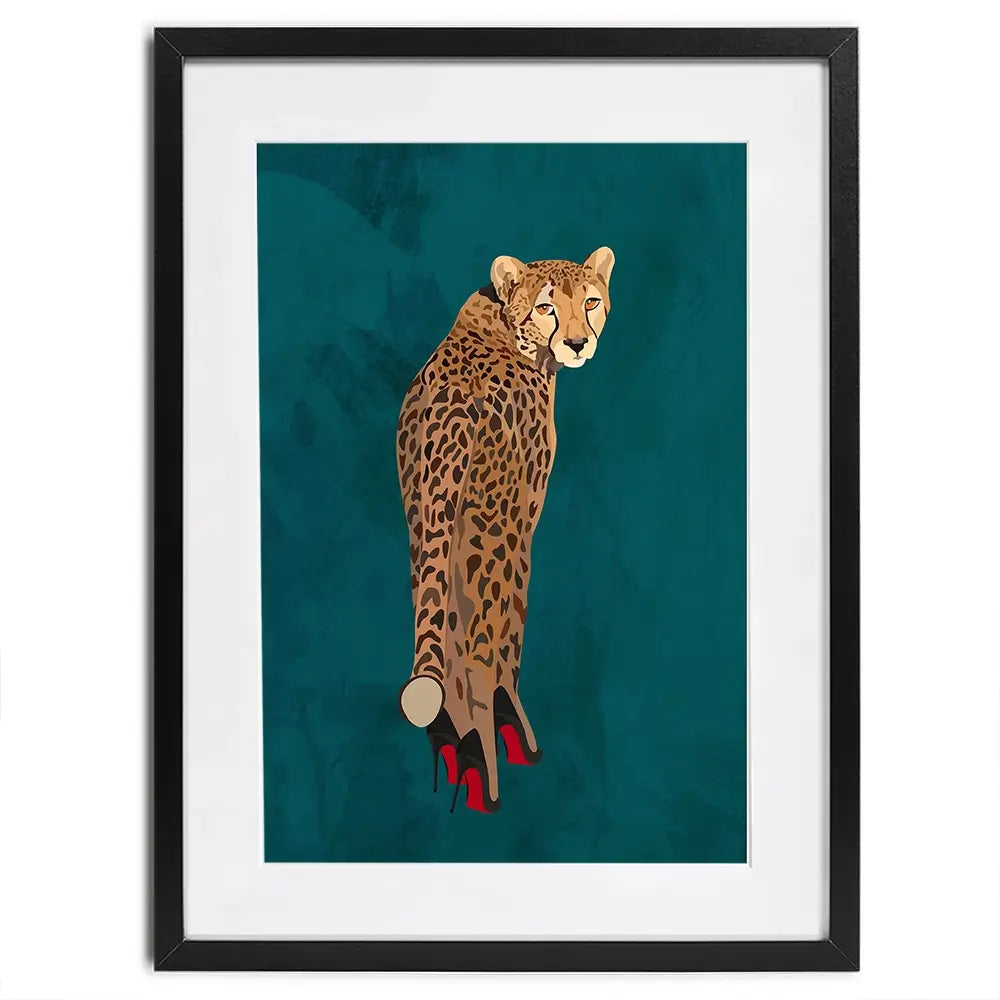 Turquoise Cheetah Wearing Heels Framed Art Print