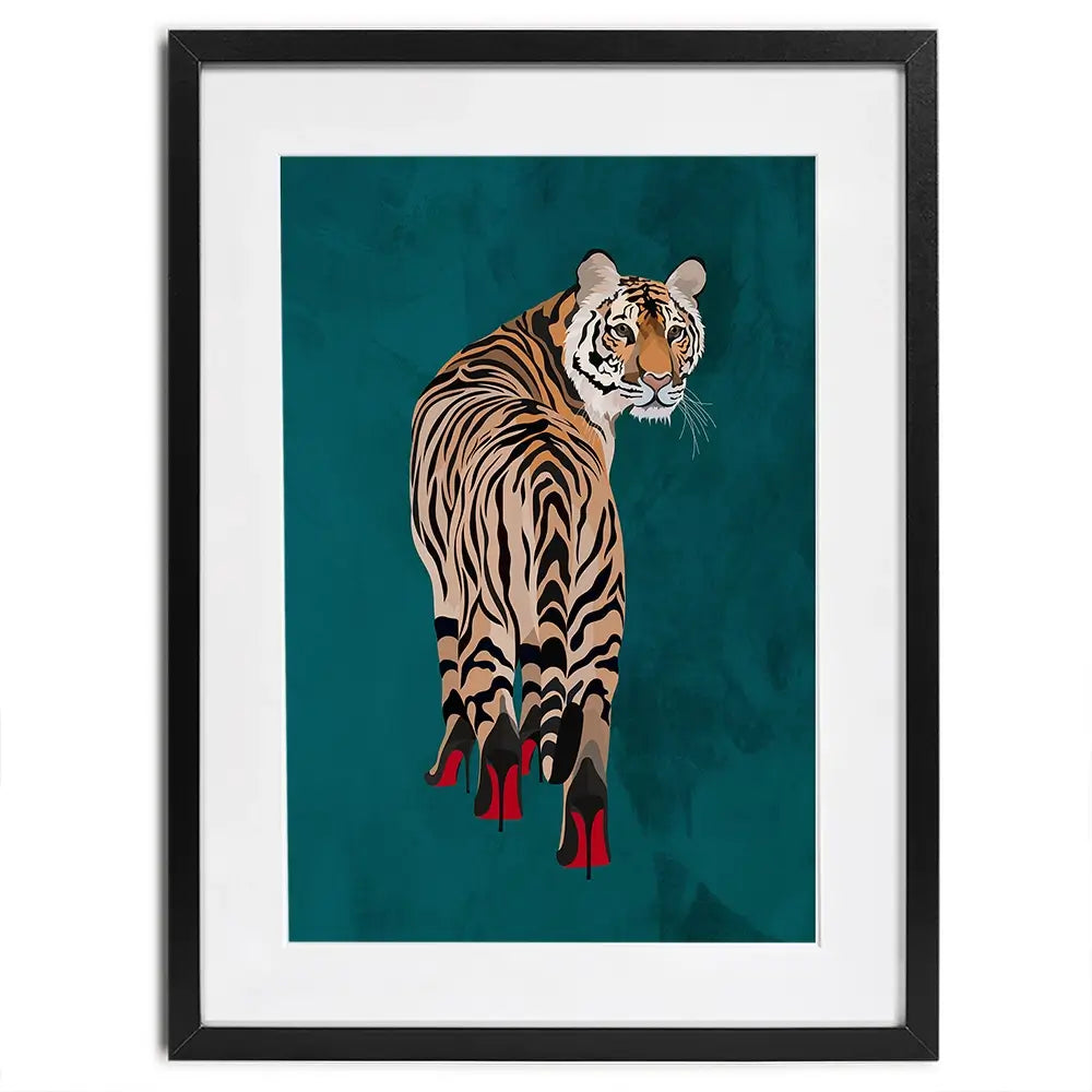 Turquoise Tiger Wearing Heels Framed Art Print