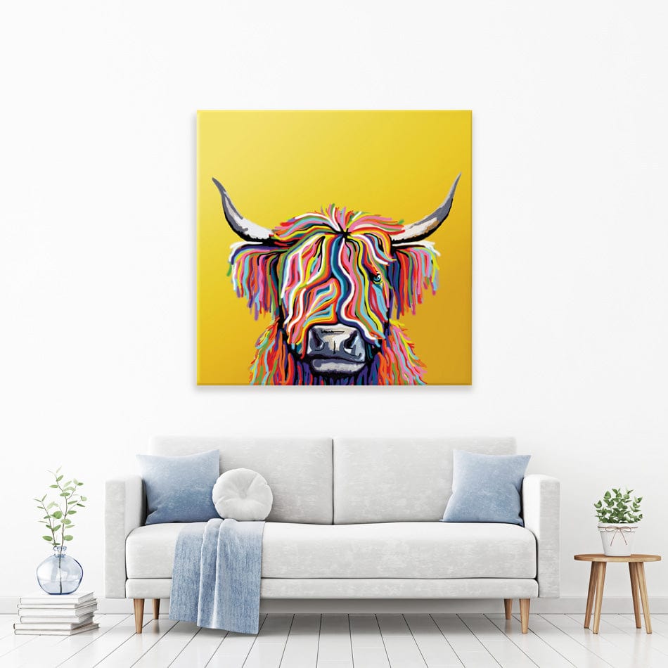 Highland Cow Yellow Square Canvas Print wall art product Independent