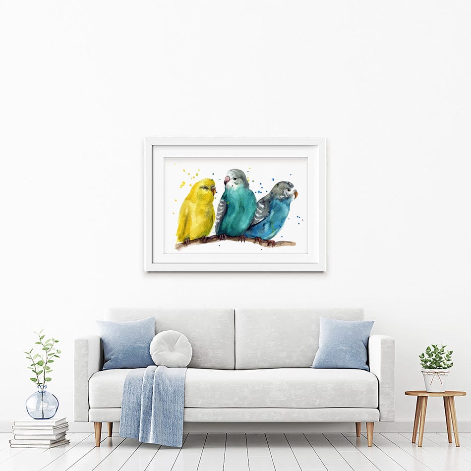 Watercolour Budgies Framed Art Print wall art product / Shutterstock