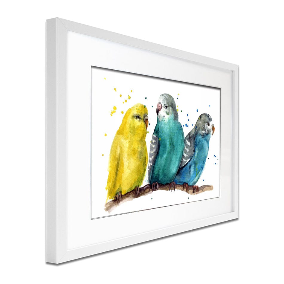 Watercolour Budgies Framed Art Print wall art product / Shutterstock