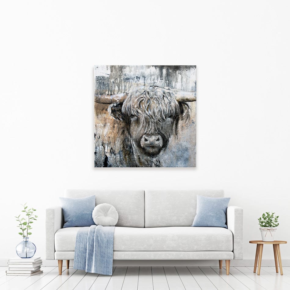 Weathered Highland Cow Square Canvas Print wall art product Studio Paint-Ing