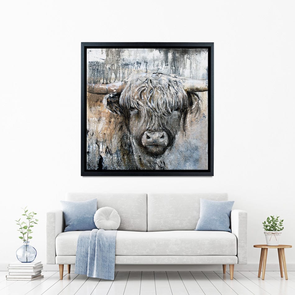 Weathered Highland Cow Square Canvas Print wall art product Studio Paint-Ing